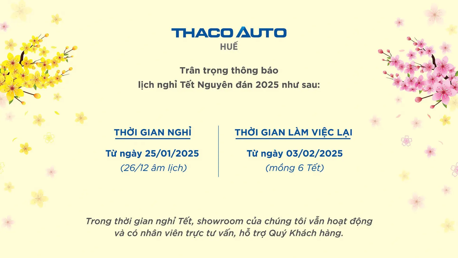 Thông báo lịch nghỉ tết nguyên đán của THACO AUTO Huế