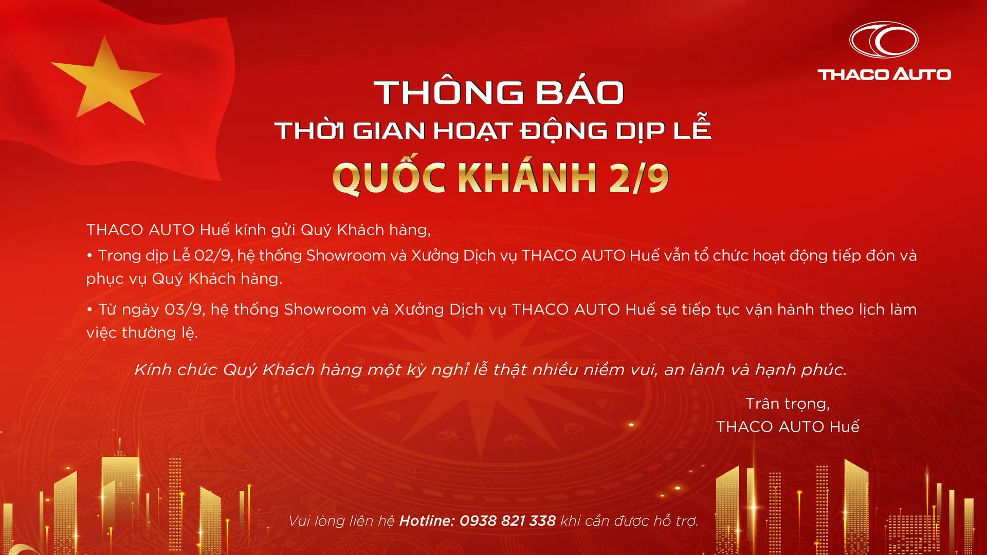 THÔNG BÁO THỜI GIAN HOẠT ĐỘNG DỊP LỄ QUỐC KHÁNH 02/09