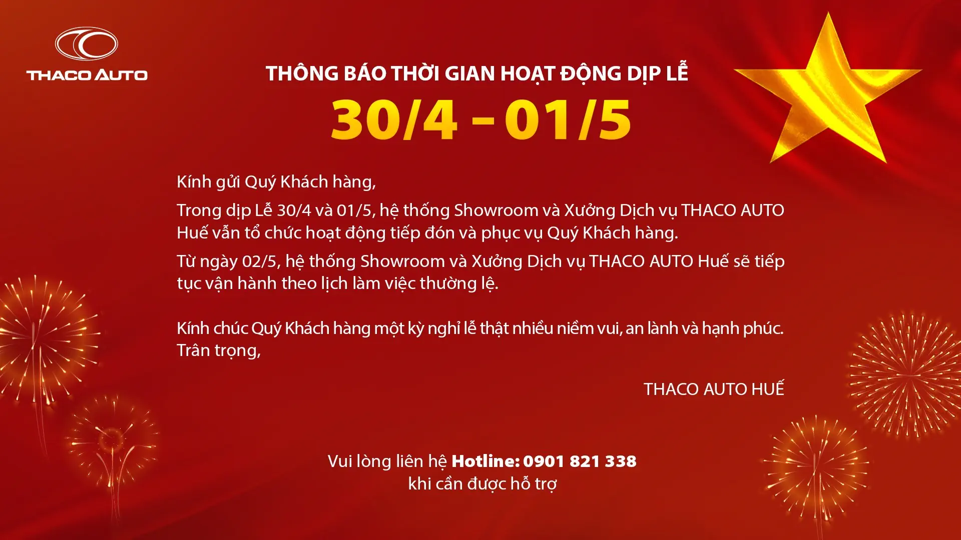 THÔNG BÁO THỜI GIAN HOẠT ĐỘNG DỊP LỄ 30/4 - 01/5